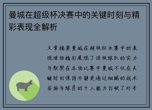 曼城在超级杯决赛中的关键时刻与精彩表现全解析 曼城在超级杯决赛中的关键时刻与精彩表现全解析