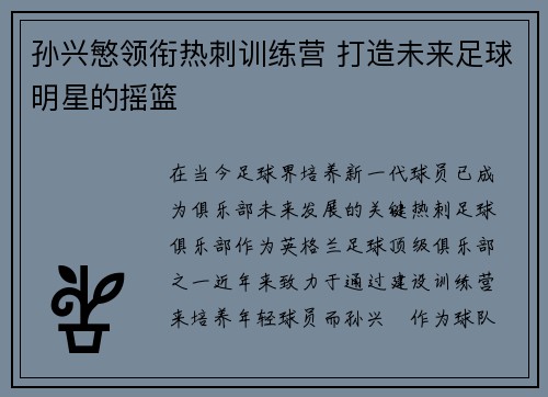 孙兴慜领衔热刺训练营 打造未来足球明星的摇篮