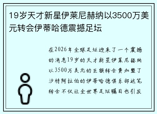 19岁天才新星伊莱尼赫纳以3500万美元转会伊蒂哈德震撼足坛
